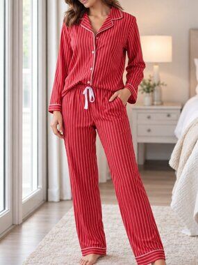 Angelina Red Stripe Pajama Set 2-PC Cotton Flannel Shirt & Pants Loungewear